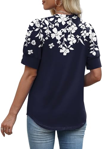 Image of OFEEFAN Womens Tops Short Sleeve Shirts Buttons V Neck Spring Fashion Summer Outfits Plus Size Blouses Dressy Casual