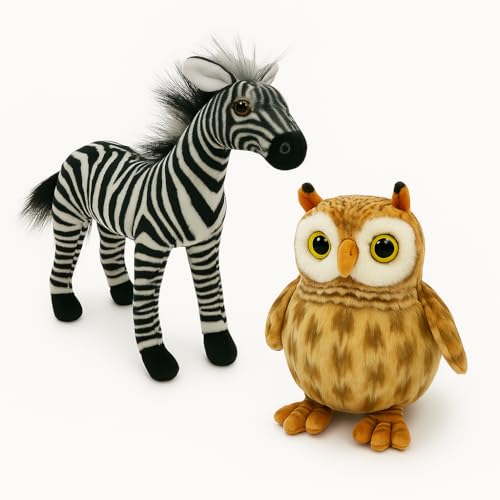 Image of Zebra & Owl Soft Toy Combo - 30cm Jungle Zebra & 25cm Brown Owl Plush Animal Set for Kids | Stuffed Wildlife Toy Combo | Soft & Huggable | Boys & Girls Gift