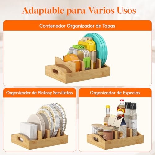 Miniatura 6 de Lifewit Organizador Tapas De Bambú, Salvaspazio Organizadors Platos Armario Cocina Con Con 4 Divisores Ajustables, Soporte Para Tapas De Recipientes De Almacenamiento De Alimentos, 27 X 21 X 8,5 Cm