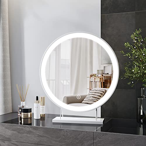 Heilmetz Espejo Maquillaje con luz, diámetro 48 cm, Blanco Redondo LED Espejo de Mesa, con Interruptor táctil, 3 Colores de luz, Regulable Cover