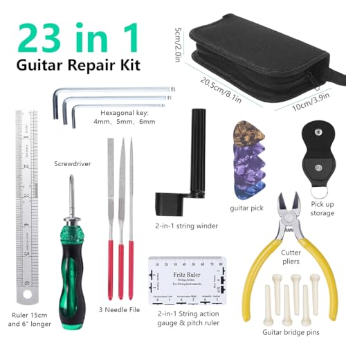 Image of HASTHIP 23 in 1 DIY Guitar Repair & Maintenance Tool Kit, Professional Setup Tools with Screwdriver, String Winder, Pliers, Ruler, Multi-Color Picks, Bridge Pins & Allen Keys in Zipper Organizer Bag