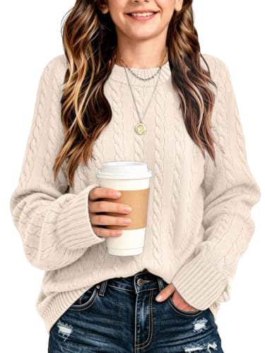 Apricot Girls Sweater – Winter Long Sleeve Crew Neck Cable Knit Casual Pullover for Teens & Kids