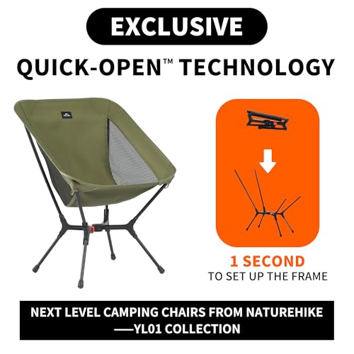 Image of Naturehike YL01 Snap Camping Chair, 1 Second Setup Frame, 441lb Capacity Camp Chair, Portable & Lightweight Backpacking Chair