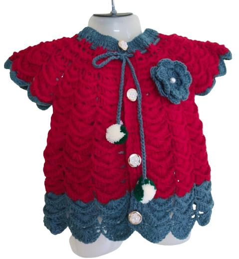NILU CRAFT Baby Girl Hand Knitted Woollen Round Neck Sweater Cum Frock (Red & Grey) (1 to 2 Year, Red and Grey) - Image 2 thumbnail