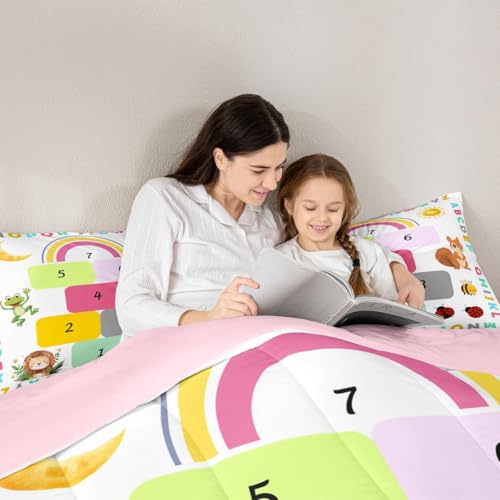 Image of Feelyou Kids Educational Comforter Set All Season Alphabet Bedding Set with 2 Pillow Cases Learning Alphabet Microfiber Kids Full Bedclothes Numbers Bedroom Decor Duvet Quilt Soft Lightweight