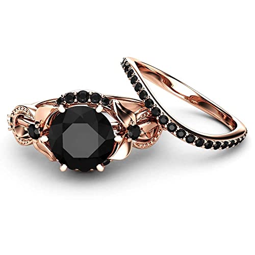 Vintage 3 Ct Round Cut Onyx Black Diamond Flower Design Bridal Wedding Ring Set, 925 Sterling Silver Rhodium Plated For Mother's day2