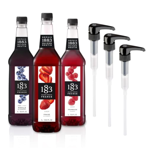 Image of 1883 Strawberry, Blueberry, Raspberry Syrups (Berry Lovers) for Drinks - 1 Liter Plastic Bottles (Pack of 3)