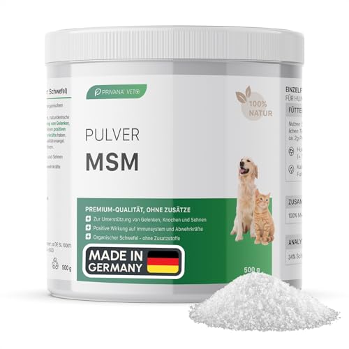 Privana Reines MSM-Pulver für Hunde, Katzen & Pferde (500g) –organisches Schwefel-Pulver für Gelenke, Knochen, Sehnen–Ergänzungsfuttermittel für Tiere