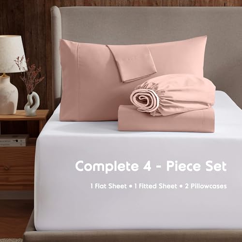 Image of Nestl Short Queen Bed Sheet Set - Peach Beige - 4-Piece Deep Pocket | Instantly Soft, Night-One Ready (No Wash Required). Fits 16-Inch Deep Pockets, 360-Degree Elastic Grip