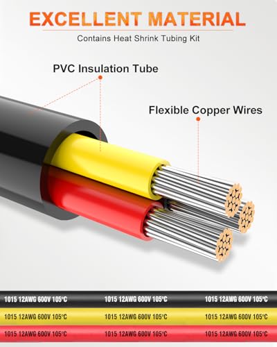 NAOEVO 12 Gauge Wire 3 Conductor Electrical Wire, 12 AWG Stranded PVC Cord, 12V Low Voltage/Tinned Copper/Flexible Cable for Automotive Wiring, Lamp Cord, Marine Cable (100FT)
