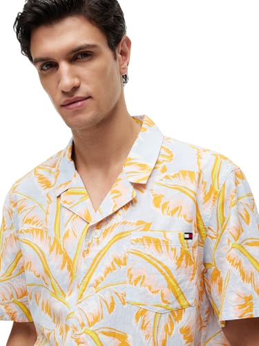 Image of Tommy Hilfiger Men's Lightweight Short Sleeve Cotton Beach Print Shirt with Pocket, Men's Casual Button Down Summer Shirts