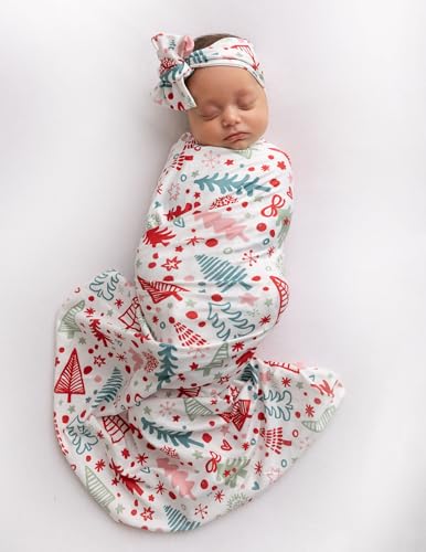 Vollmic Newborn Baby Girl Receiving Blanket Swaddle Blanket Stretchy Knit Swaddle Set with Matching Headband and Beanie (Red Cartoon Christmas)