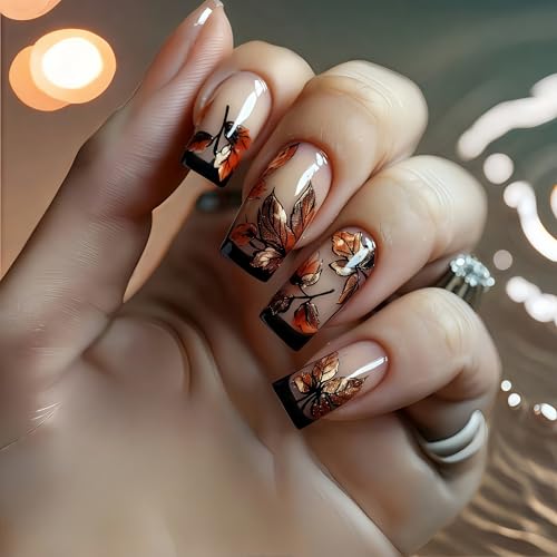 24Pcs Fall Black French Tip Press on Nails Medium Coffin Maple Leaf with Thanksgiving Fall Leaf Design Full Cover Maple Leaf Fake Nails for Women Girls DIY Manicure Decorations