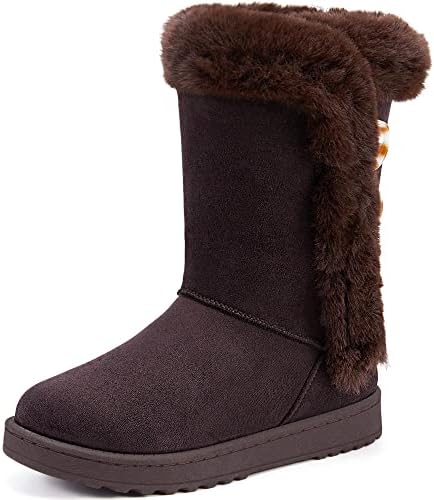 ALTOCIS Women’s Fur Lined winter snow boots Short Mid Calf fashion boot Art Resin button Faux Suede boots for women(Chocolate US7)