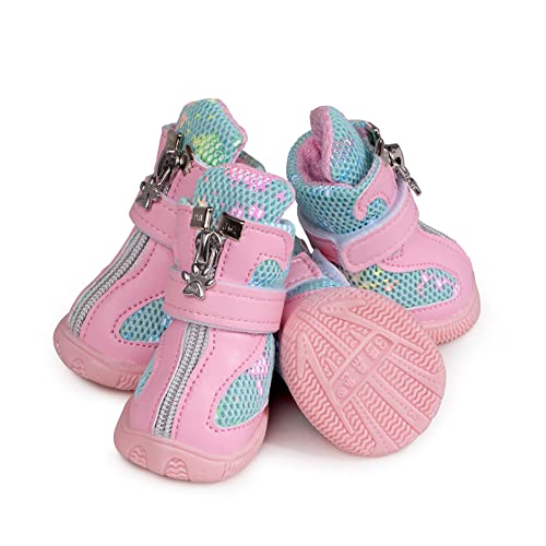Hdwk&Hped Small Dog Boots, Breathable Mesh Summer Dog Shoes Pink Stylish Pu Dog Girl Booties With Durable Non-Slip Rubber Sole (Fluorescent Style - Pink, 4 (10~15Lb)) #TOP3