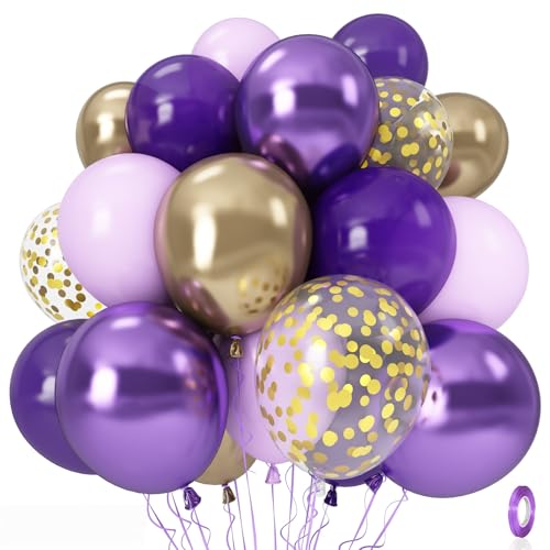 Image of Purple and Gold Balloons, 12 Inch 35PCS Dark Pastel Purple Lavender Balloons with Metallic Gold Confetti Balloon for Girls Women Wedding Baby Shower Butterfly Princess Theme Birthday Party Decorations