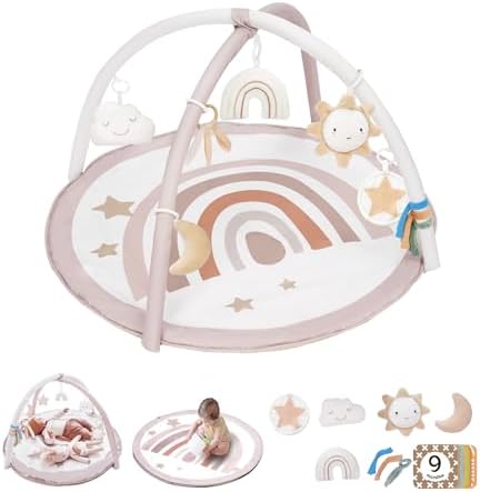 Mallify Spielbogen Baby Mädchen, Krabbeldecke für Baby mit 7 abnehmbaren sensorischen Spielzeugen und 12 Meilensteinkarten, Spieldecke baby ab Geburt, Baby Gym 0-6 Monate, Rainbow