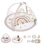 Mallify Baby Spielbogen, Aktivitätsmatte Spieldecke für Bauchzeit mit 7 abnehmbaren Spielzeugen und 12 Meilensteinkarten, waschbare Spielmatte – ideales Geschenk für Neugeborene, Rainbow