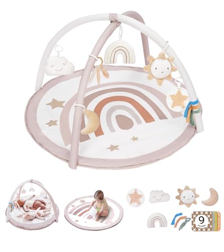 Mallify Spielbogen Baby Mädchen, Krabbeldecke für Baby mit 7 abnehmbaren sensorischen Spielzeugen und 12 Meilensteinkarten, Spieldecke baby ab Geburt, Baby Gym 0-6 Monate, Rainbow