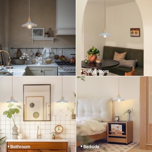 Image of Shenmoyl Pendant Light with Blue Pleated Ceramic Lmapshade, Brass Vintage Pendant Light Adjustable Hanging Light for Kitchen Island Dining Room Hallway