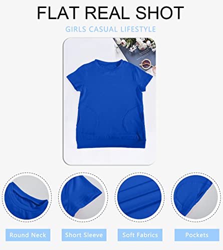 Haloumoning Girls Casual Short Sleeve T Shirts Color Block Tee Blouse Kids Loose Tunic Tops With Pockets Size 4-15 B-Blue #TOP4
