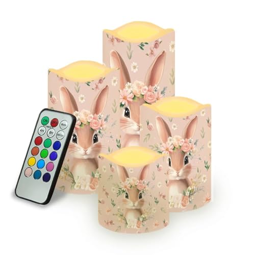 Image of Cute Bunny Pink Floral Plastic Flameless Candles with Remote Control and Timer LED Flickering Battery Operated Color Changing Electric Pillar Candles Easter Decoration
