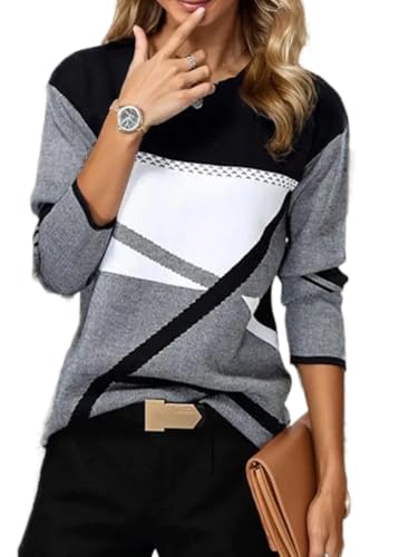 Akivide Women's Casual Color Block Print Long Sleeve Shirt Geometry Pullover Tops Crewneck Blouse Top Plus Size - Main Image