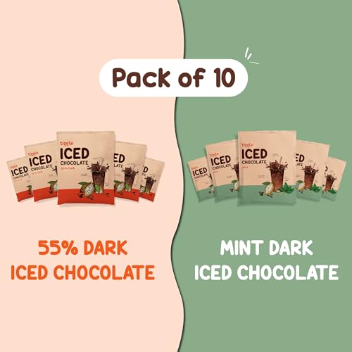 Image of Tiggle Assorted Iced Chocolate Mix - Summer Special (5 Sachets Each) | 55% Dark & Mint Flavour | Cold Chocolate Powder for Milkshakes | Smooth & Chocolatey | Ready in 10 Seconds | No Refined Sugar | Best Served Cold
