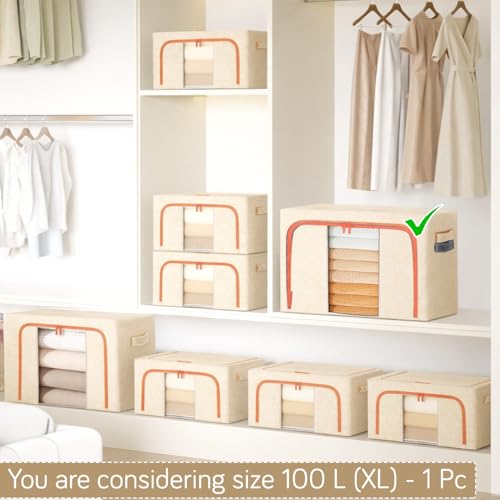 Image of HOKIPO 100L Wardrobe Organiser for Storage for Clothes, Extra Large Foldable Storage Box, Sand Beige Pack of 1 (AR-6674-BGE)