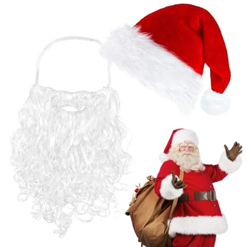 EAVUYIS Ensemble 2 pièces Chapeau de Père Noël avec Barbe, Bonnet de Père Noël Barbepour Adulte, Accessoires de Costume Cosplay de Père Noël