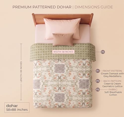 Image of HOMEKART Premium 100% Cotton Dohar for Single Bed | Reversible AC Blanket | Lightweight All Season Comforter | Soft & Breathable Summer Quilt for Adults | 150 GSM | 88 x 58Inches (Vintage Peach Vine)