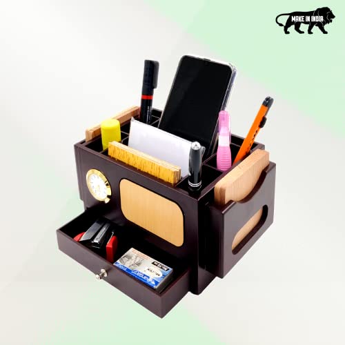 Image of WOOD HOUSE Pen Stand for Office Table with Clock, Wooden Pen Holder for Office Table Stylish, Wooden Desk Organizer for Office Table, Pen Stand with Drawer, Pen Stand with Compartment, Office Gifts