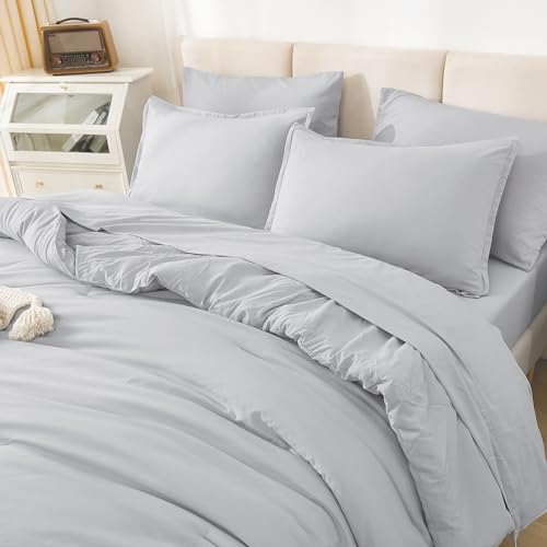 Litanika King Size Comforter Set Light Grey - 7 Pieces Bed in a Bag King Bedding Comforter Sets, Solid Lightweight Bed Set with Comforter, Sheets, Pillowcases & Shams