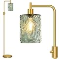 ?Upgraded? Dimmable Glass Floor Lamp for Living Room, Modern Gold Standing Lamp with Green Feather Glass Lampshade & Knob Dimmer, Arc Tall Lamp for Bedroom Office Reading Room, 2700K Led Bulb Included