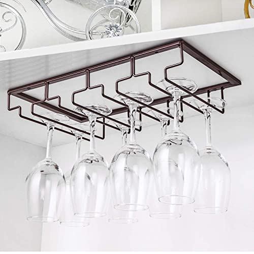 FOMANSH Wine Glass Rack - Under Cabinet Stemware Wine Glass Holder Glasses Storage Hanger 2 Pack Metal Organizer for Bar Kitchen 4 Rows Brown