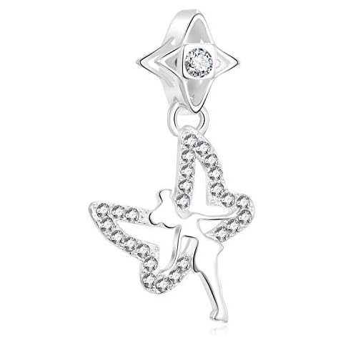Dangle Tinkerbell Charm 925 Sterling Silver Tinker Bell Fairy Bead with Clear Crystals Birthstone fits European Charm Bracelet Cover