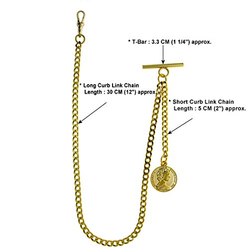 Watchvshop Albert Chain Gold Tone Pocket Watch Chain Vest Chain For Men Fob T Bar With Swivel Clasp With Queen Design Medal Fob Charm Ac79A #TOP2