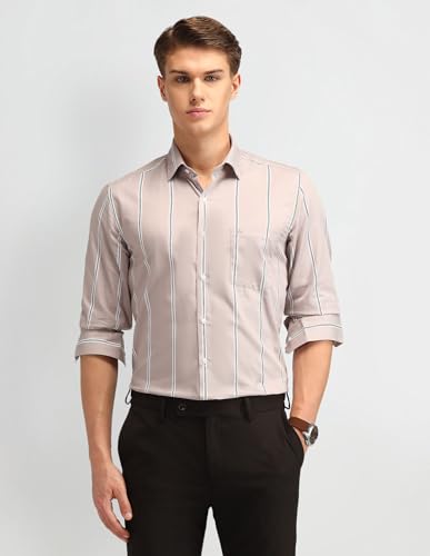 Image of Arrow Men's Striped Full Sleeves Slim Fit Semi-Cutaway Collar Cotton Formal Shirt Light Brown