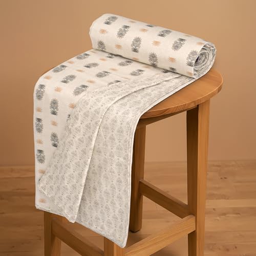 Image of HUESLAND 100% Cotton Reversible Dohar Single Bed Cotton | Soft Cambric Weave, Lightweight AC Blanket for Summer & All Weather Use | 56 x 89 inches, Botanical Fusion - Beige, Grey & Yellow