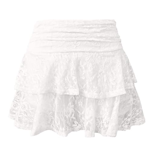 PAIDAXING Jupe Mini Plissés à Volants en Dentelle Florale Y2k pour Femme - Style Bas de Gamme Décontracté - Ourlet Irrégulier - Ligne A - Jupe Courte Sexy pour Club et Streetwear Esthétique, 18 blanc – vue 4