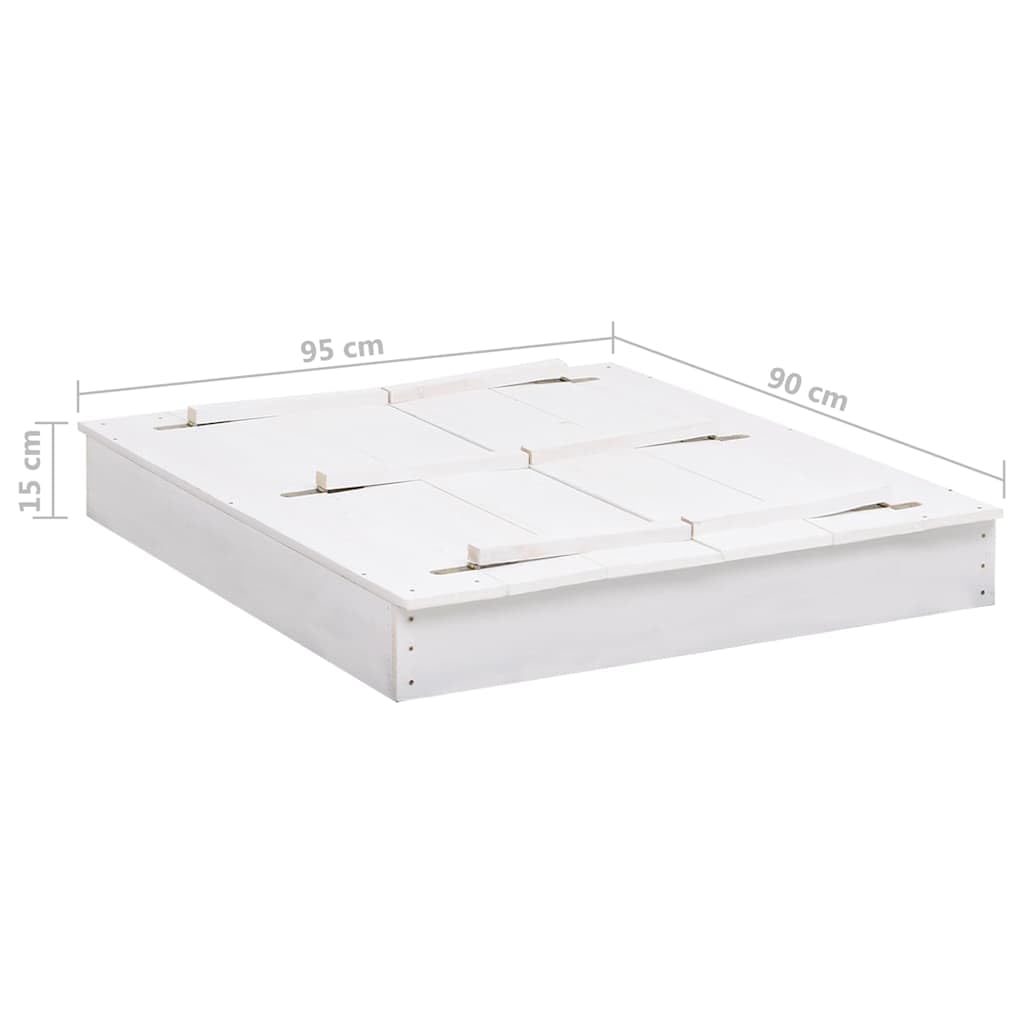 Sandkasten aus Tannenholz Weiß 95 x 90 x 15 cm mit Deckel zu 2 Bänken, Nylon-Bodenplane, für Garten Hof Terrasse Strand Outdoor Buddeln Bauen Formen