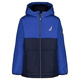 Nautica Boys' Heavyweight Hooded Bubble Jacket with Polar Fleece Lining, Colorblock Galaxy Blue, 14-16
