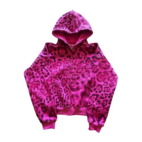 Mcbling Cheetah Print Hoodie Y2k Grunge Zip Up Hoodie Women Leopard Print Tops Oversized Graphic Sweatshirts (Rose Red Cheetah Print Small)