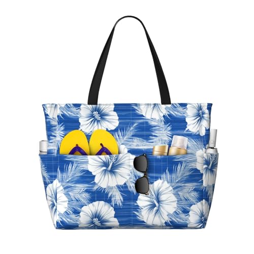 Large Beach Bags for Women Sandproof - Hawaiian Hibiscus Blue Print Summer Travel Work Tote Bags with Zipper