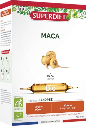SUPERDIET - MACA BIO - Performances physique et mentales, Santé du couple - Fabrication française - 20 ampoules de 10ml