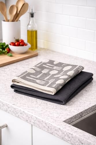Image of Set of 3 Kitchen Towels, Ultra-Absorbent Cotton Hand Towels, 18 x 28 Inch Vintage Modern Black & White Cutlery Pattern Dish Towel Oeko-TEX Certified