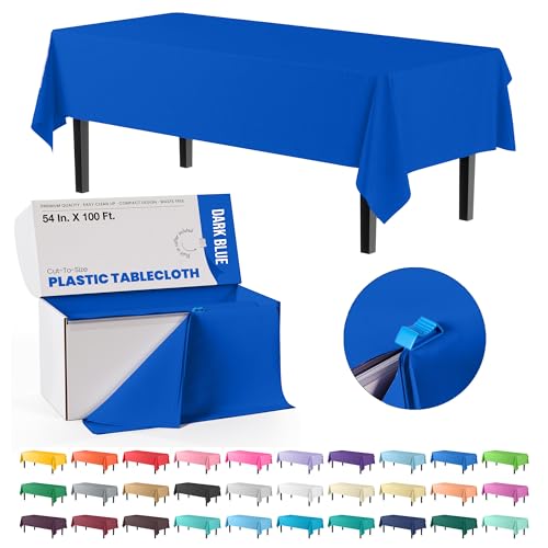 Image of Exquisite Party Solids 54 Inch X 100 Feet Dark Blue Plastic Table Cover Roll in A Cut - to - Size Box with Convenient Slide Cutter. Cuts Up to 12 Rectangle 8 Feet Plastic Disposable Tablecloths