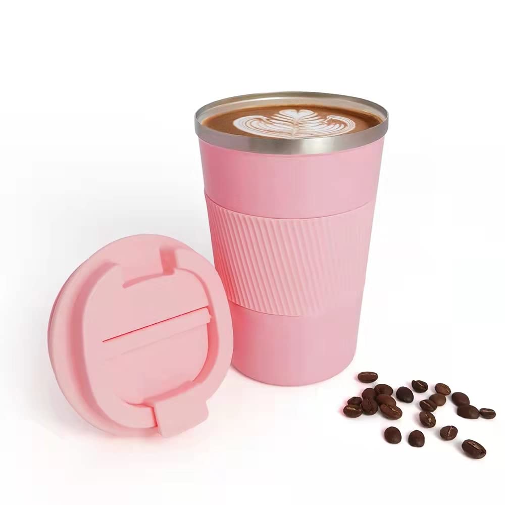 Wosta Travel Mug, Insulated Coffee Cup with Leakproof Lid,Vacuum Insulation Stainless Steel Reusable for Hot Cold Coffee, Water and Tea, Mug with Non-Slip Protective Cover. (Pink 510 Ml)