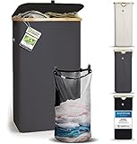 wäschekorb grau rund MUST-HAVE FÜR DEIN ZUHAUSE: Der Waschkorb wirkt dank dem Stoff Design mit Bambus Applikation modern elegant - absoluter stylischer Hingucker im Bad, Schlafzimmer, Kinderzimmer oder Wohnzimmer. Blickfang mit großer Wäschebehälter Aufbewahrung