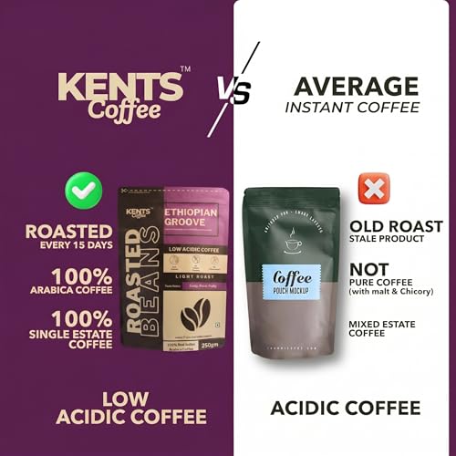 Image of Kents Coffee Ethiopian Groove Light Roast Coffee | Roasted Coffee Beans | LOW ACIDIC | Best 100% Indian Premium Whole Coffee Beans | Taste Like Zesty, Floral, Fruity | Single Estate Chikmangalur Speciality Pouch | Sun-Dried Arabica Bean | Freshly Roasted Beans | 200gm